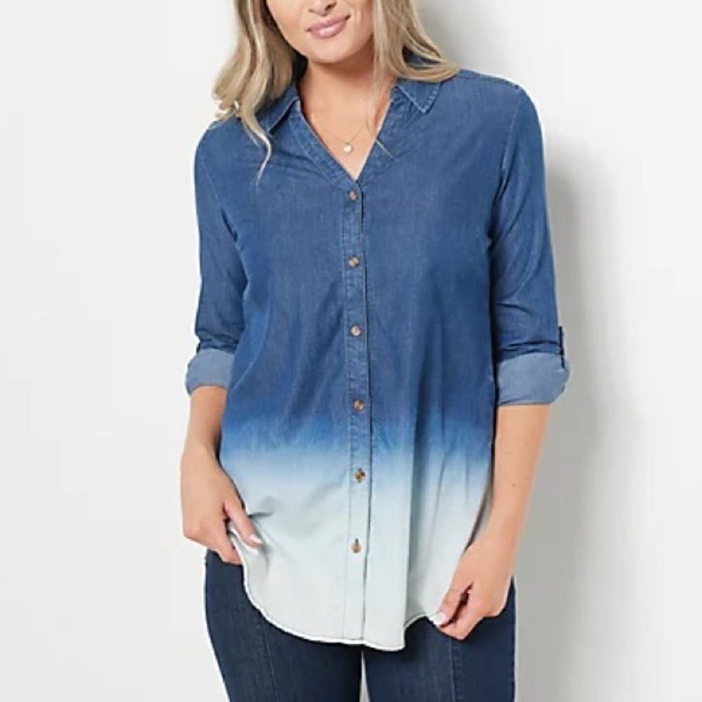 Susan Graver Petite Chambray Dip-Dyed Y-Neck Tunic Shirt